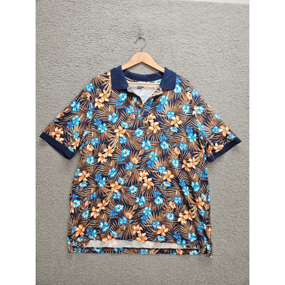 Lands End Polo XL Navy Tropical Floral Hibiscus Cotton Stretch Resort Vacation